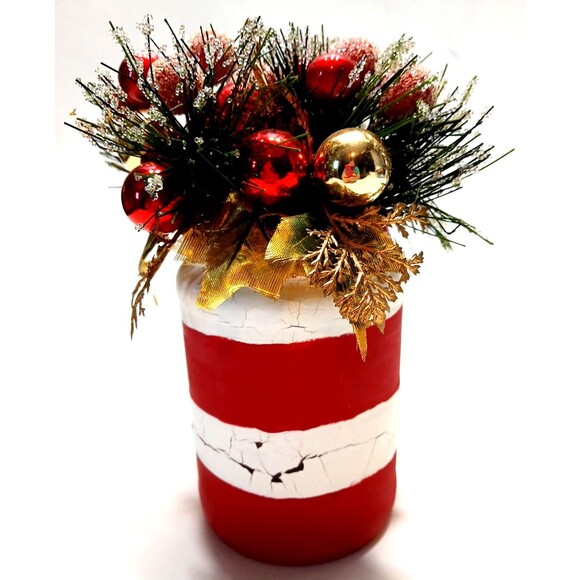 Christmas Arrangement Red Gold Painted Crackle Mason Jar Farmhouse Shabby Chic - Picture 1 of 8